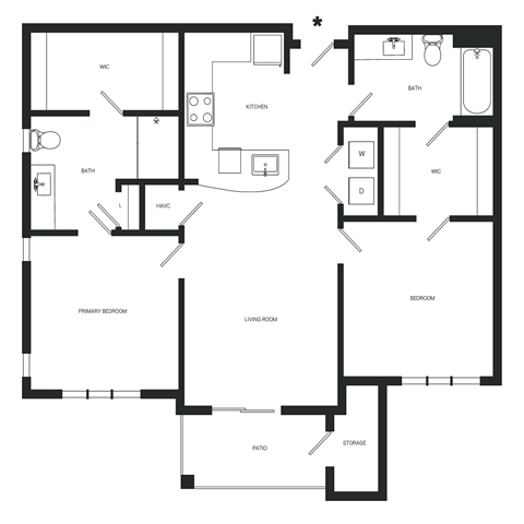 Floor plan for 2 beds, 2 baths, 1064 sqft